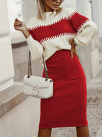 Two-Tone Ribbed Knit Top and Skirt Sweater Set.