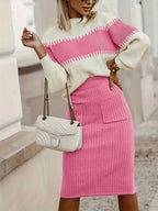 Two-Tone Ribbed Knit Top and Skirt Sweater Set.