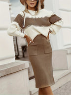 Two-Tone Ribbed Knit Top and Skirt Sweater Set.