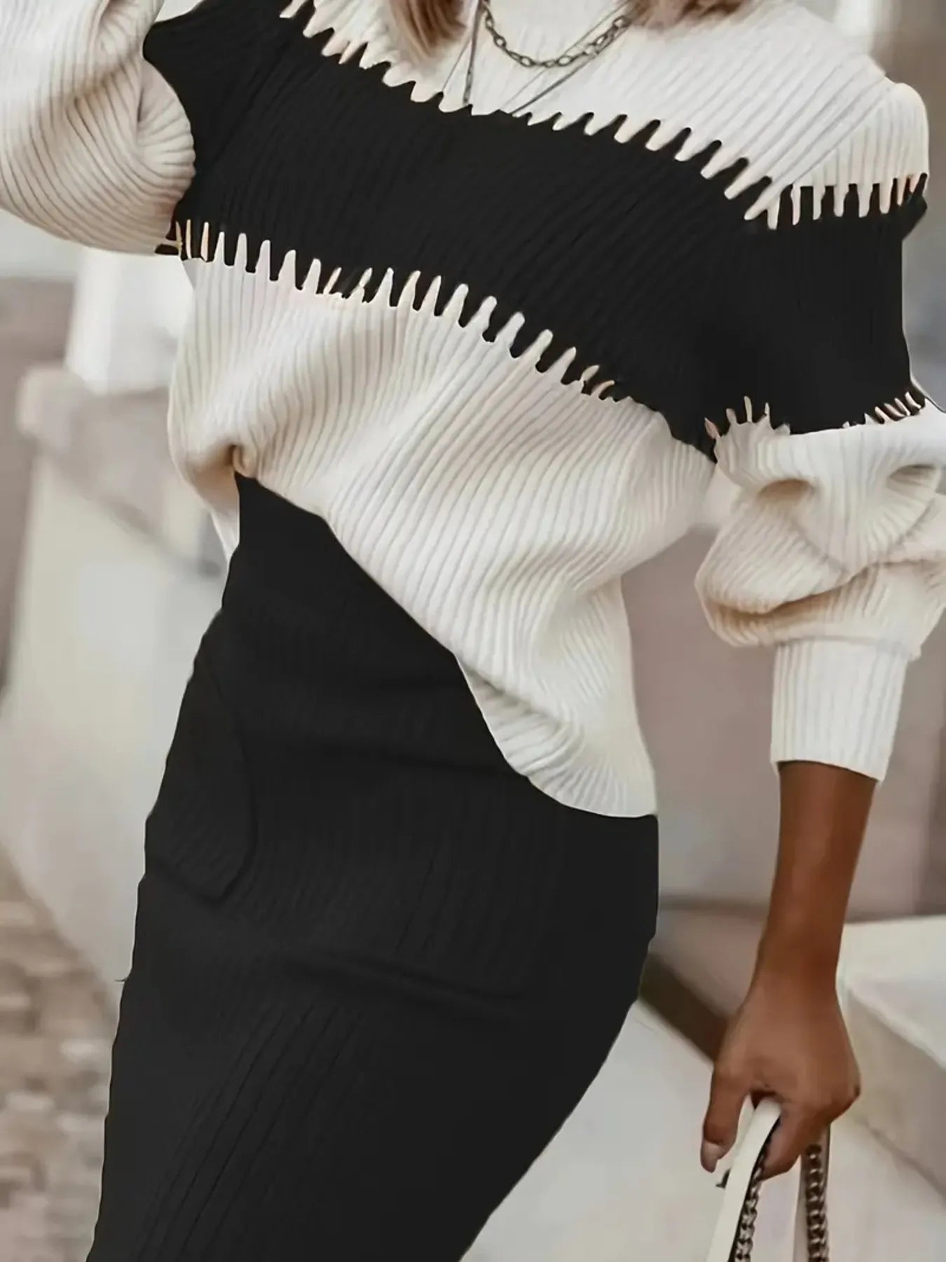 Two-Tone Ribbed Knit Top and Skirt Sweater Set.