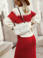 Two-Tone Ribbed Knit Top and Skirt Sweater Set.