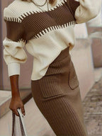 Two-Tone Ribbed Knit Top and Skirt Sweater Set.