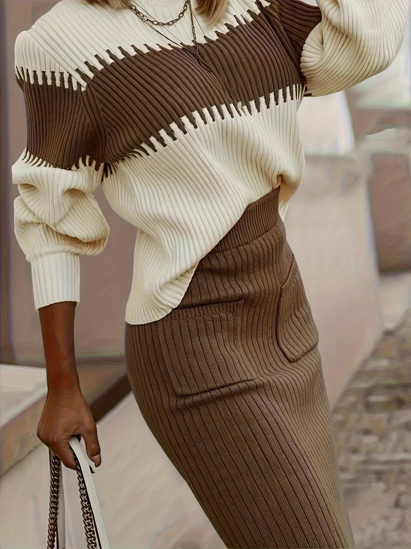 Two-Tone Ribbed Knit Top and Skirt Sweater Set.
