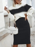 Two-Tone Ribbed Knit Top and Skirt Sweater Set.