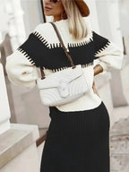 Two-Tone Ribbed Knit Top and Skirt Sweater Set.