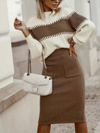 Two-Tone Ribbed Knit Top and Skirt Sweater Set.