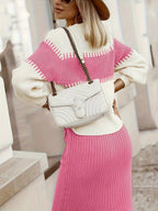 Two-Tone Ribbed Knit Top and Skirt Sweater Set.