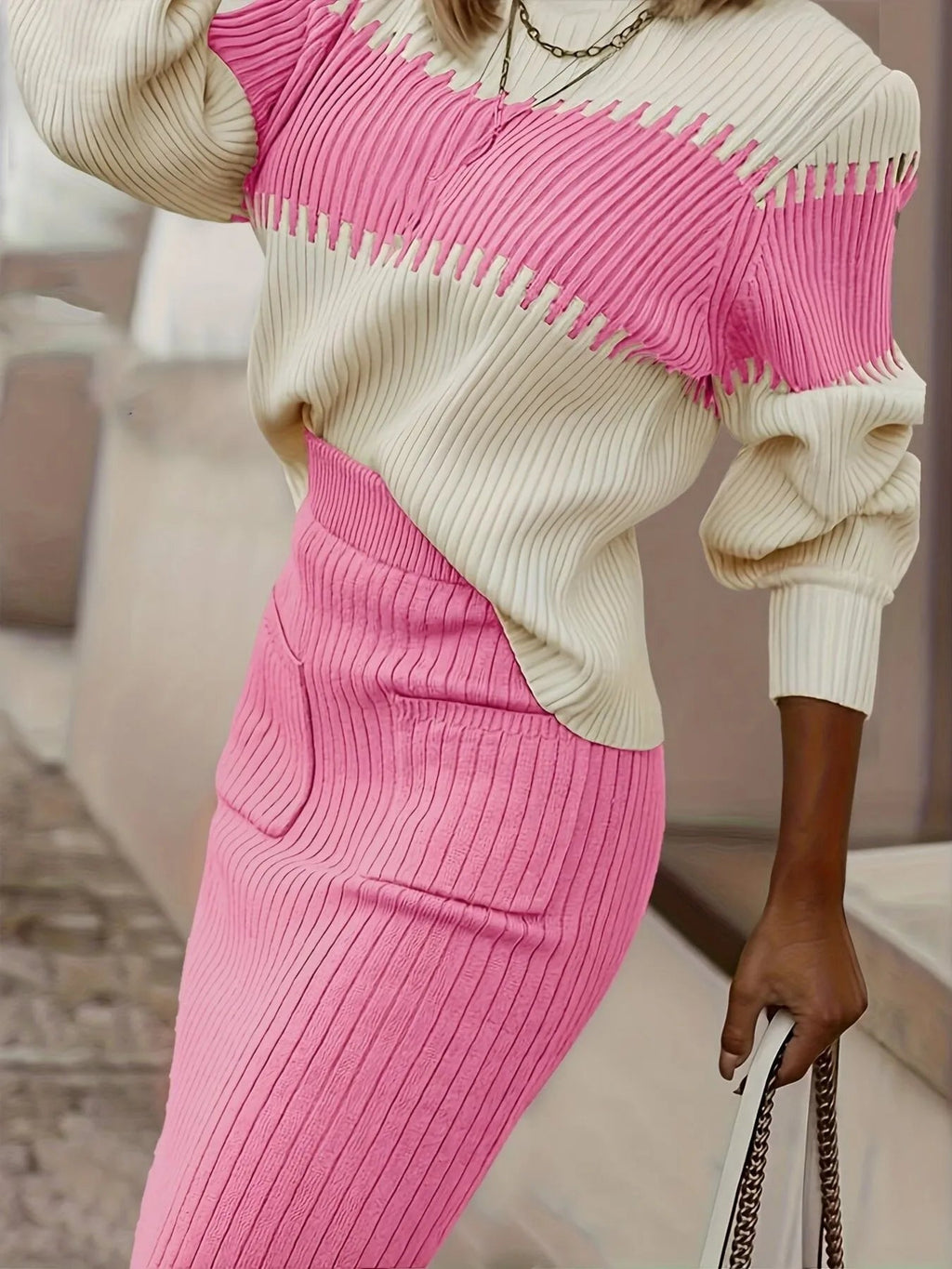 Two-Tone Ribbed Knit Top and Skirt Sweater Set.