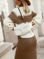 Two-Tone Ribbed Knit Top and Skirt Sweater Set.