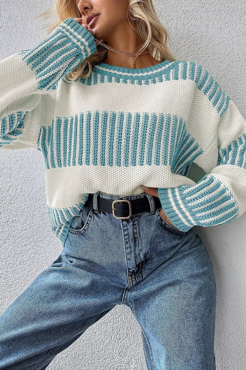 Two Tone Striped Patchwork Drop Shoulder Loose Sweater.