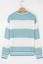 Two Tone Striped Patchwork Drop Shoulder Loose Sweater.