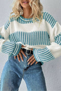 Two Tone Striped Patchwork Drop Shoulder Loose Sweater.