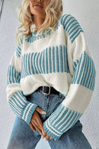 Two Tone Striped Patchwork Drop Shoulder Loose Sweater.