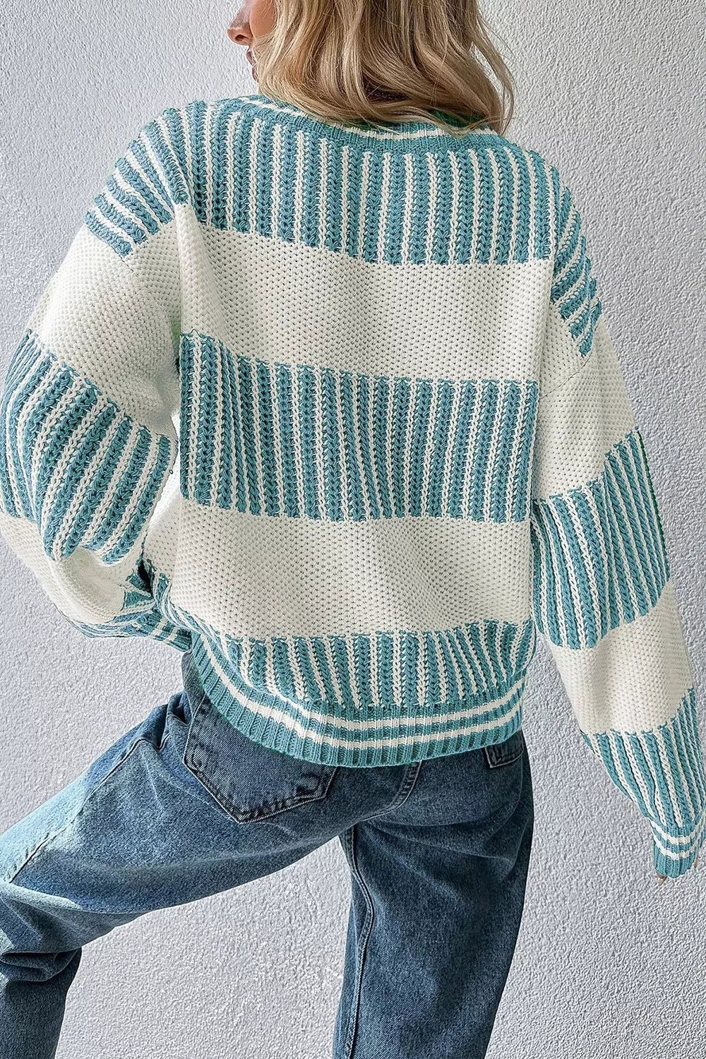 Two Tone Striped Patchwork Drop Shoulder Loose Sweater.