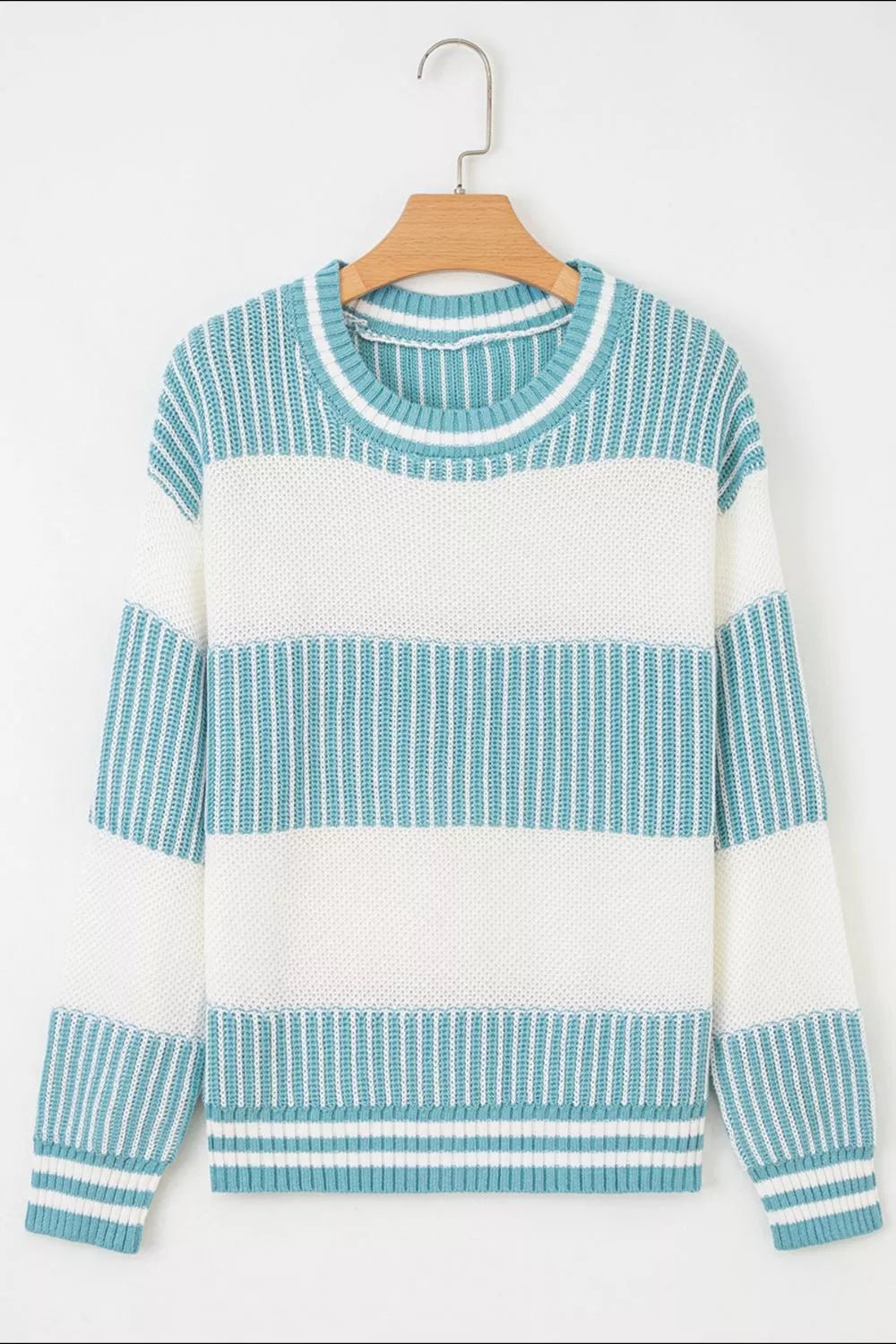 Two Tone Striped Patchwork Drop Shoulder Loose Sweater.