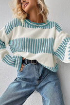 Two Tone Striped Patchwork Drop Shoulder Loose Sweater.