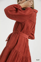 Umgee Crinkle Button-Front Tiered Mini Dress with Waist Tie.