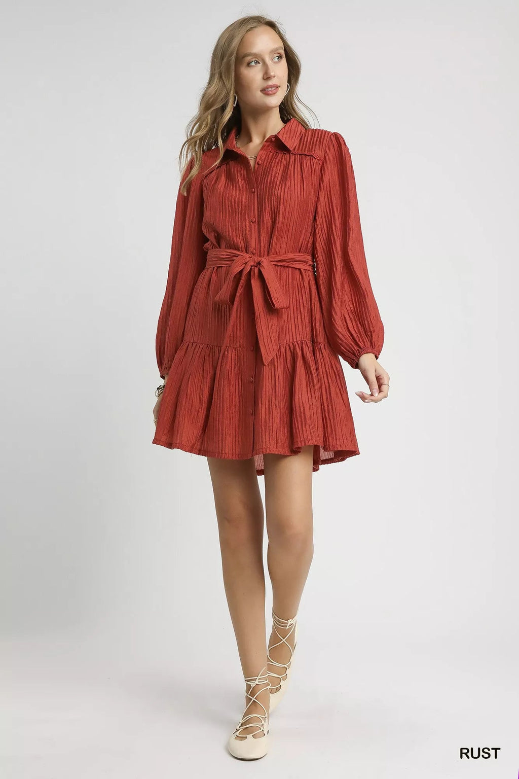 Umgee Crinkle Button-Front Tiered Mini Dress with Waist Tie.