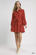 Umgee Crinkle Button-Front Tiered Mini Dress with Waist Tie.