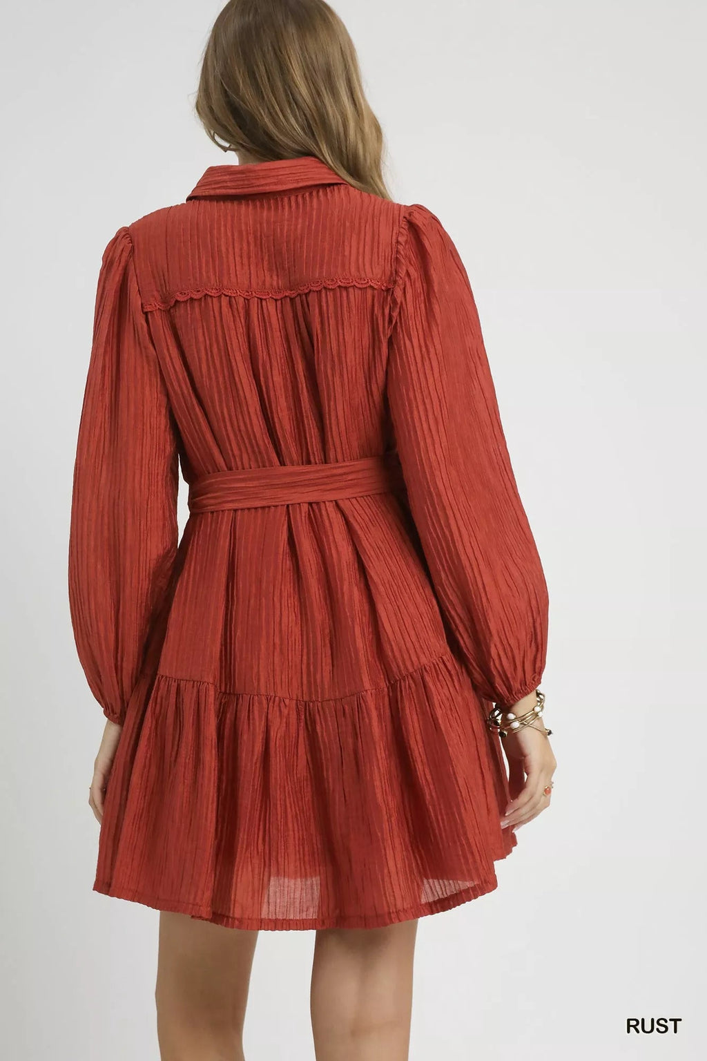 Umgee Crinkle Button-Front Tiered Mini Dress with Waist Tie.