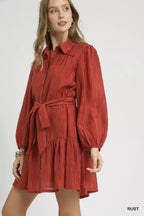Umgee Crinkle Button-Front Tiered Mini Dress with Waist Tie.