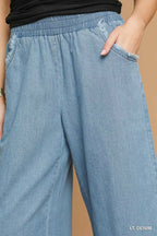 Fringe detail on stylish wide-leg jeans, perfect for trendy and comfortable fashion looks.