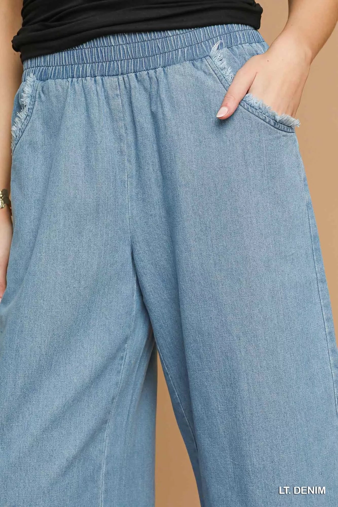 Fringe detail on stylish wide-leg jeans, perfect for trendy and comfortable fashion looks.