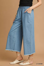Fringe detail on stylish wide-leg jeans, perfect for trendy and comfortable fashion looks.
