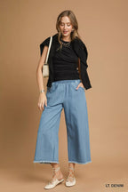 Fringe detail on stylish wide-leg jeans, perfect for trendy and comfortable fashion looks.