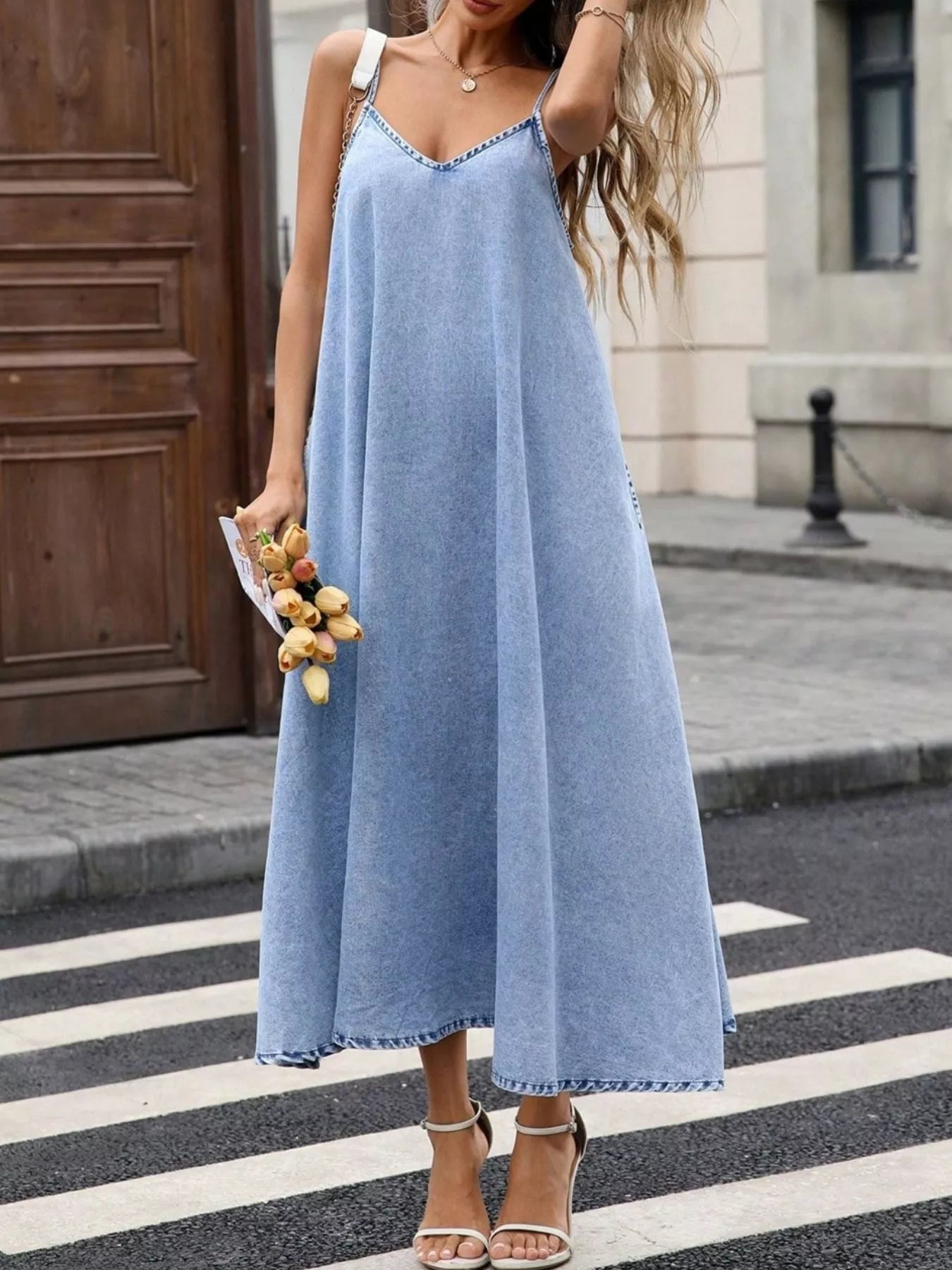 V-Neck Denim Cami Dress.