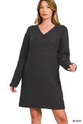 V-Neck Long Sleeve Ribbed Sweater Dress.