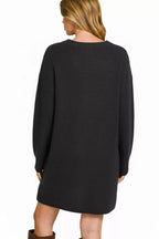 V-Neck Long Sleeve Ribbed Sweater Dress.