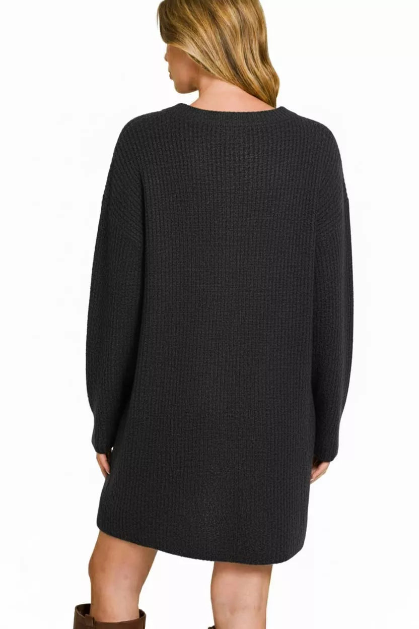 V-Neck Long Sleeve Ribbed Sweater Dress.
