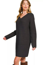 V-Neck Long Sleeve Ribbed Sweater Dress.