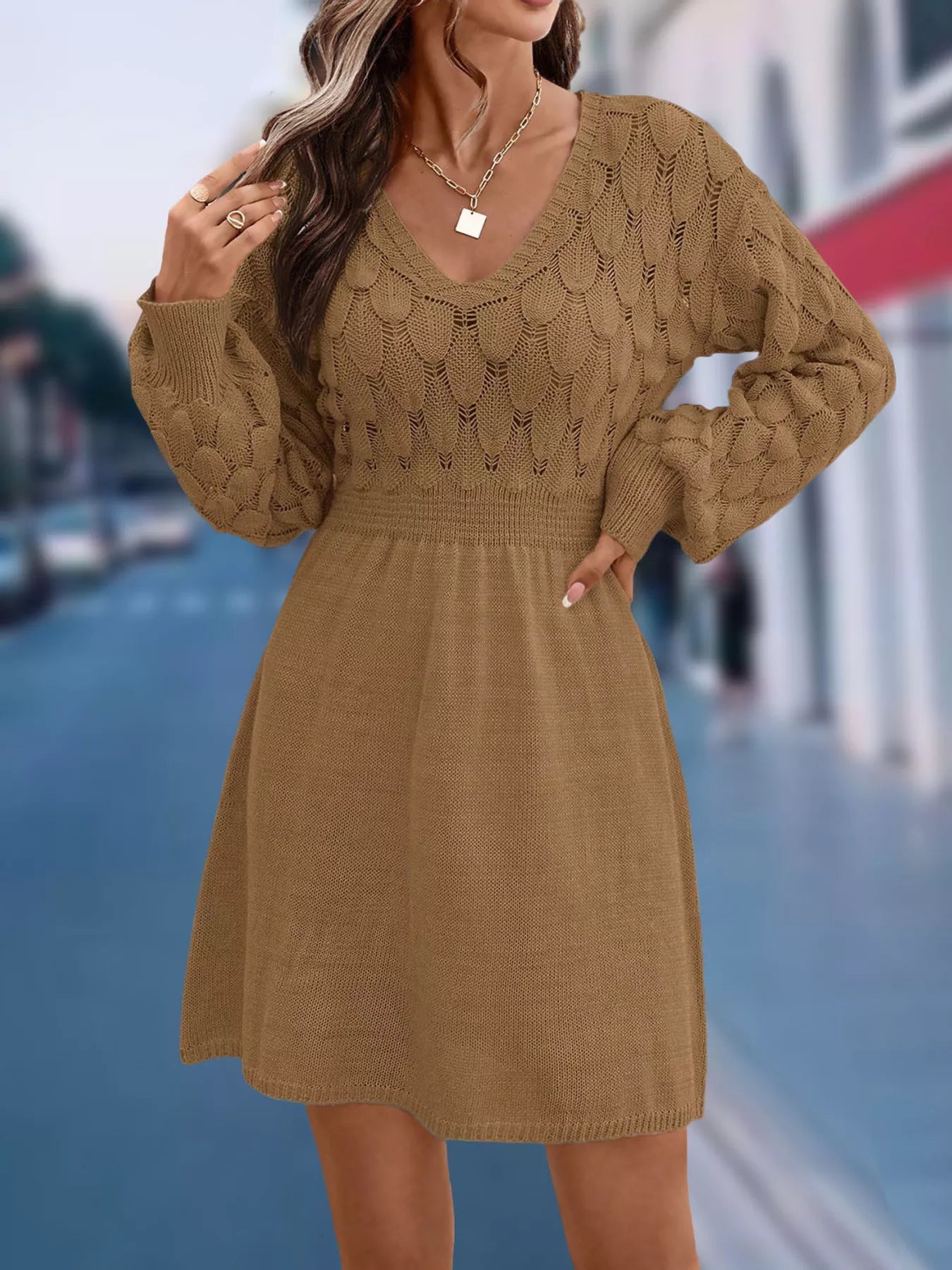 V-Neck Long Sleeve Sweater Dress.