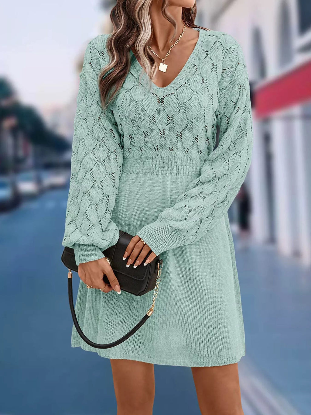 V-Neck Long Sleeve Sweater Dress.