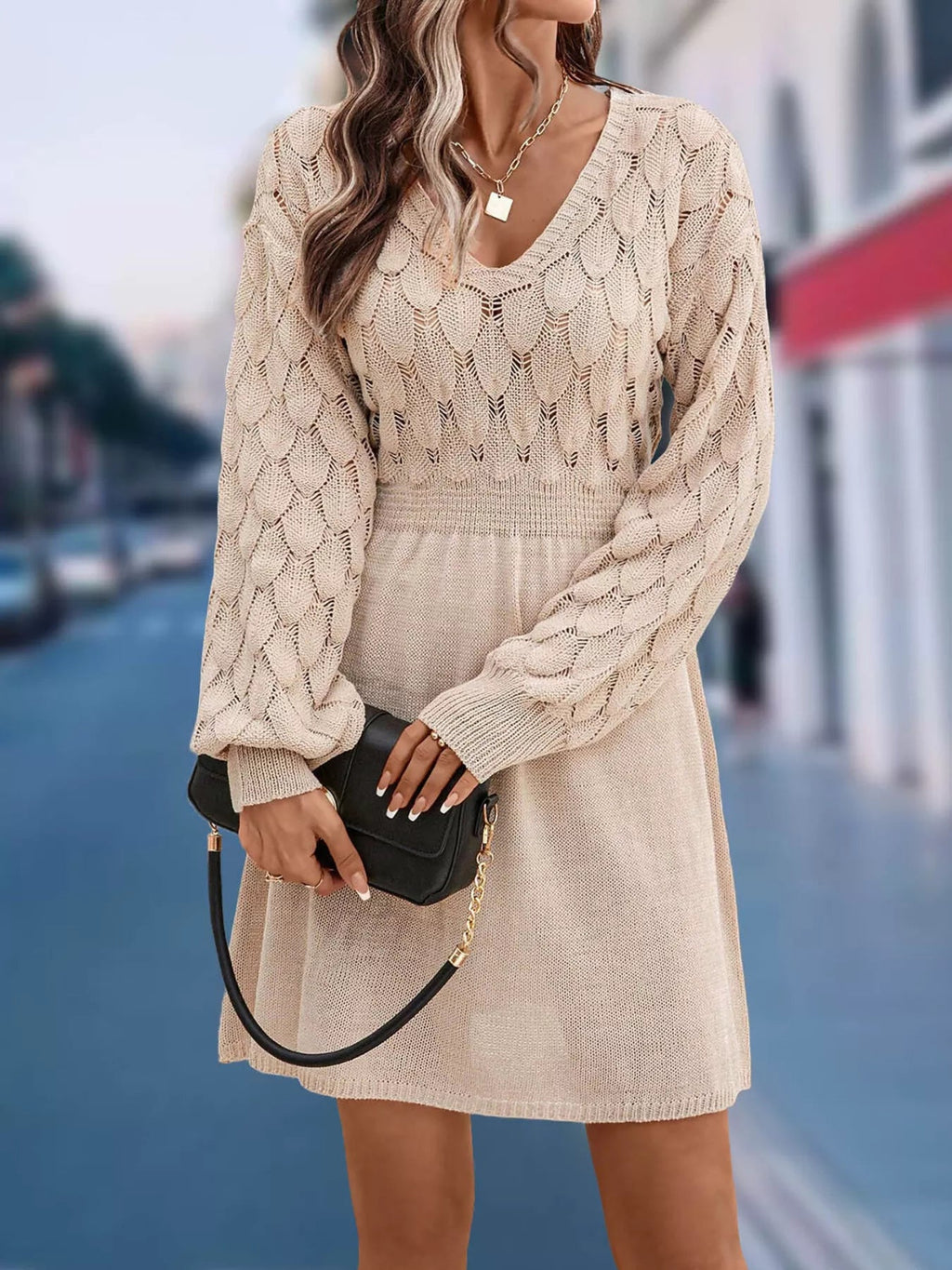 V-Neck Long Sleeve Sweater Dress.