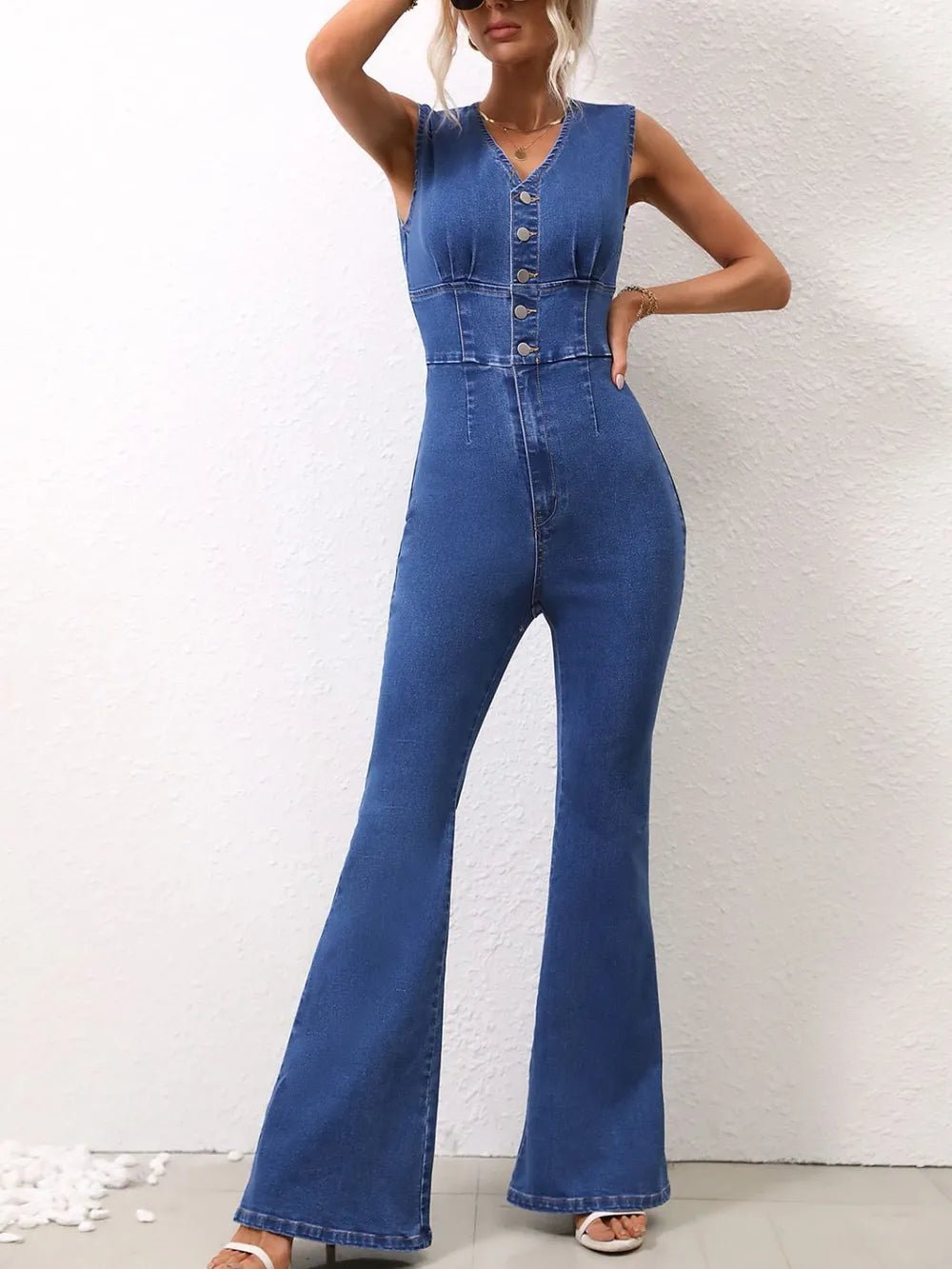 V-Neck Sleeveless Denim Jumpsuit.