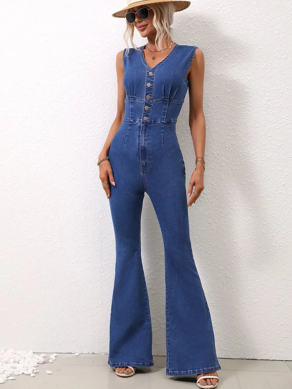V-Neck Sleeveless Denim Jumpsuit.