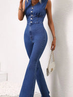 V-Neck Sleeveless Denim Jumpsuit.