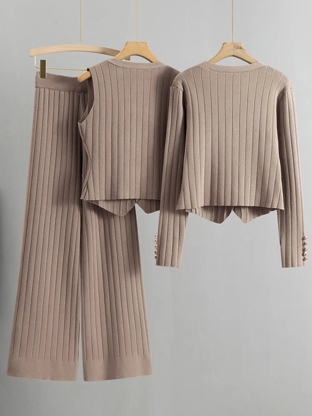 V-Neck Tank, Cardigan and Pants Three-Piece Sweater Set.