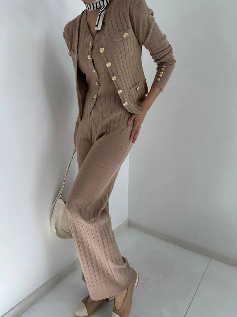 V-Neck Tank, Cardigan and Pants Three-Piece Sweater Set.