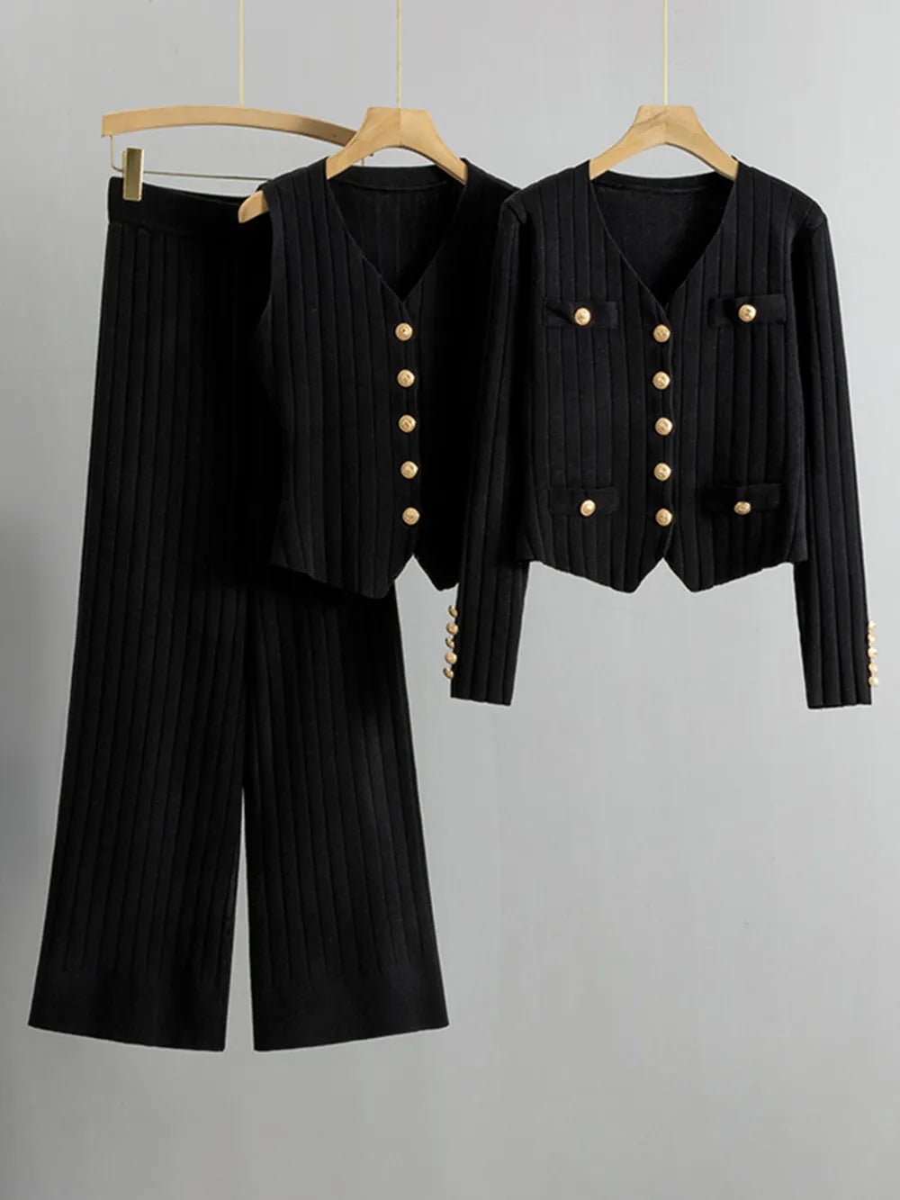 V-Neck Tank, Cardigan and Pants Three-Piece Sweater Set.