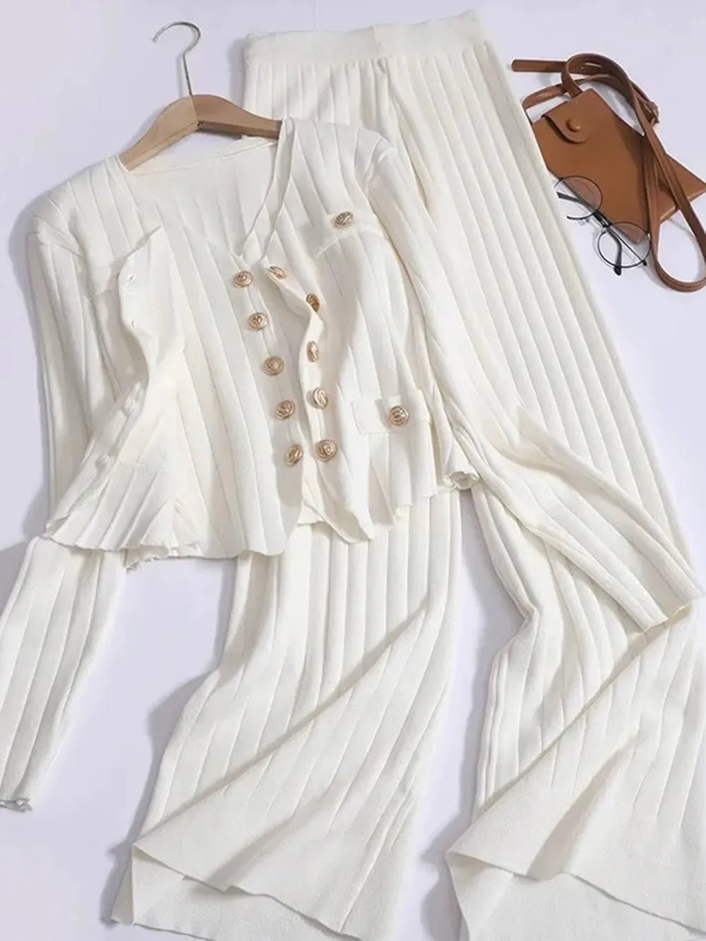 V-Neck Tank, Cardigan and Pants Three-Piece Sweater Set.