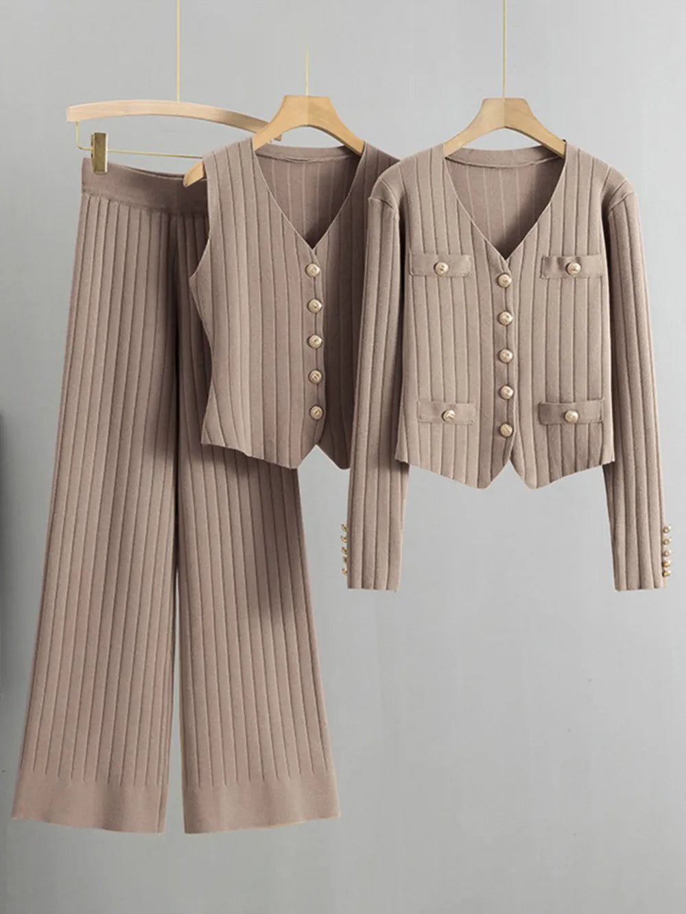 V-Neck Tank, Cardigan and Pants Three-Piece Sweater Set.