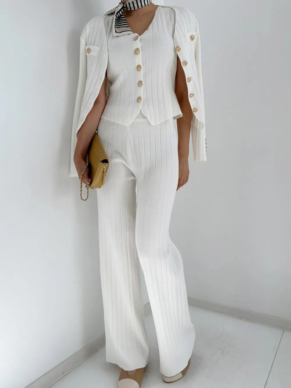 V-Neck Tank, Cardigan and Pants Three-Piece Sweater Set.