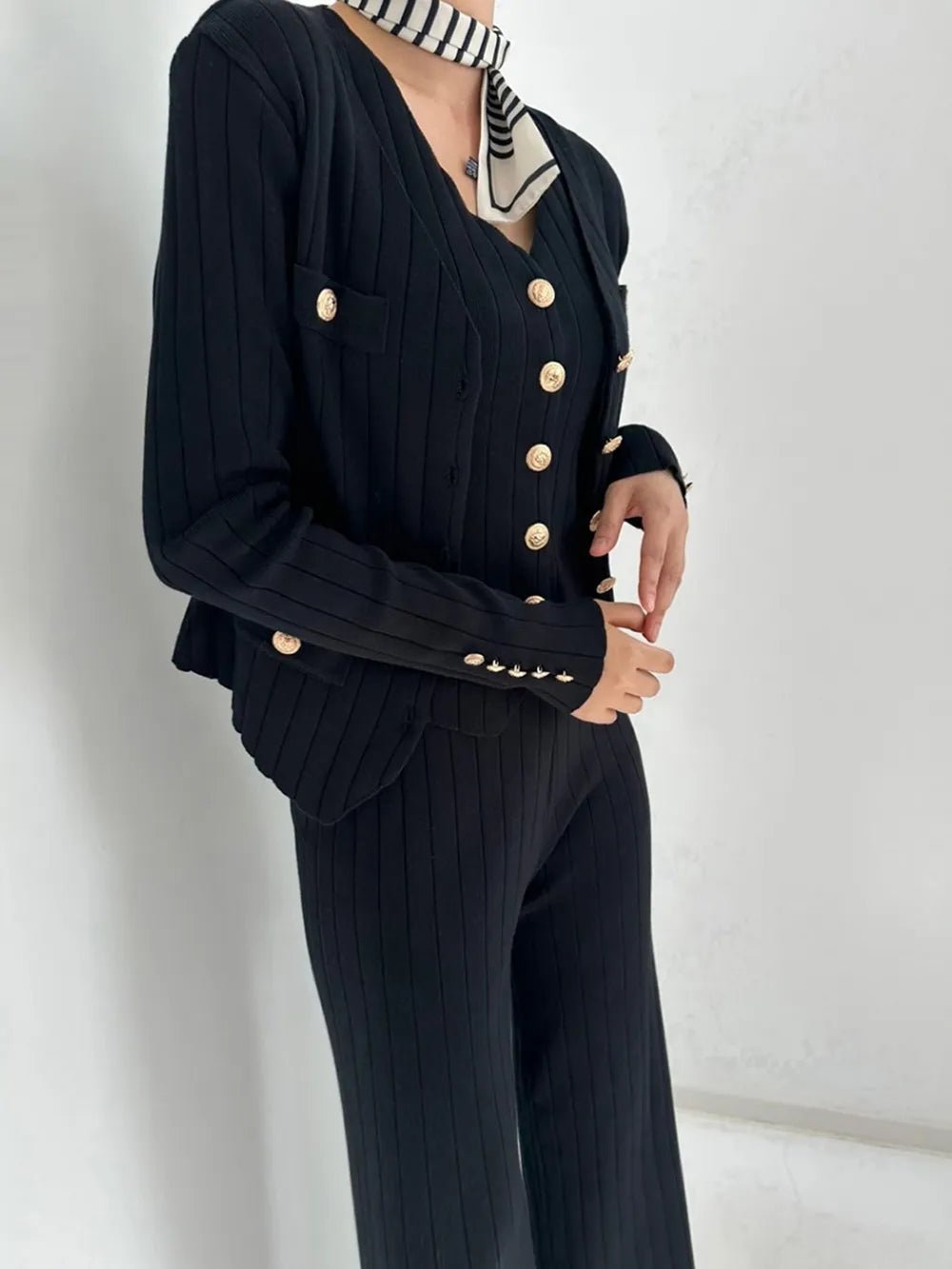 V-Neck Tank, Cardigan and Pants Three-Piece Sweater Set.