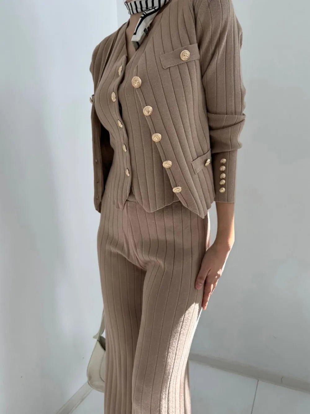 V-Neck Tank, Cardigan and Pants Three-Piece Sweater Set.