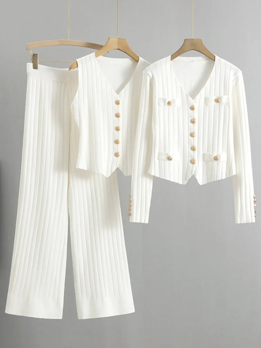 V-Neck Tank, Cardigan and Pants Three-Piece Sweater Set.