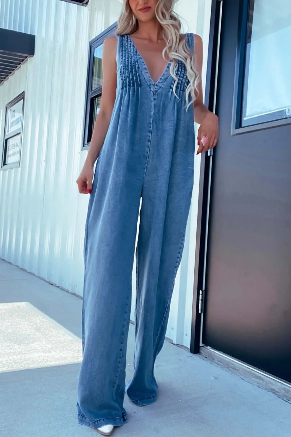 V-Neck Wide Leg Denim Jumpsuit.